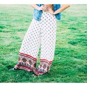 Xhilaration Flare Pants Women XL Floral Boho Wide‎ Leg Elastic Waist Loose Lined